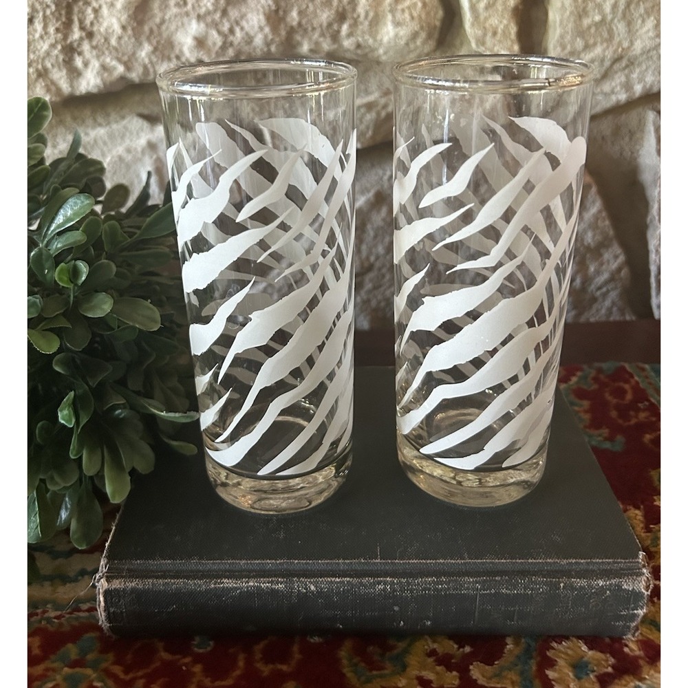 2 Vintage Zebra Striped Frosted Highball Cocktail Glasses Tumblers Jungle 70's